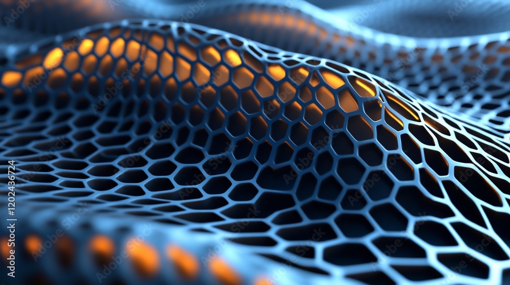 Poster Abstract 3D rendering of a blue and orange honeycomb structure.