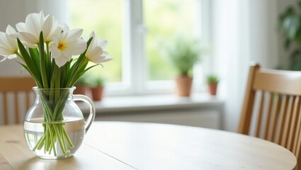 A Glass Pitcher with White Flowers