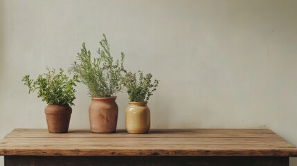 Three small potted plants on rustic wooden table against white wall.