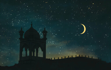 Naklejka premium Night Serenity: Mosque Under Starlit Crescent Moon