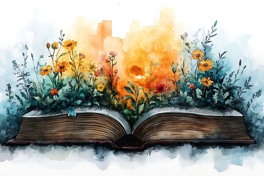 Open Book Encircled by Flowers and Cityscape in Watercolor Style