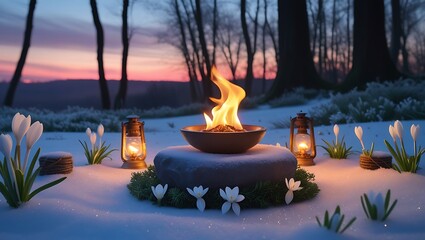 Imbolc altar in nature with glowing fire, snow, and early blooms.