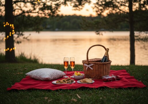  A romantic Valentine's Day picnic setup with a red blanket, champagne bottle, and glasses, surrounded by soft lighting and nature