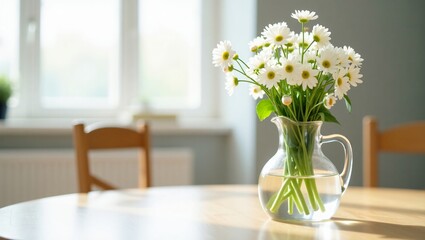 A Glass Pitcher with White Flowers