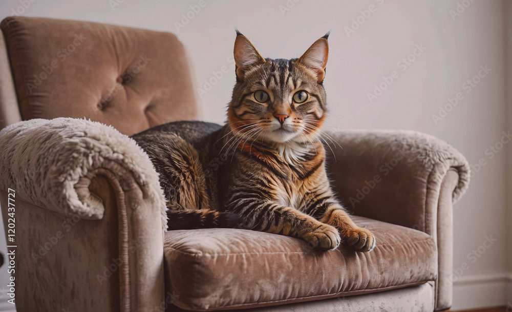 Poster a cat is laying on a chair with its head tilted to the side. the chair is brown and has a fluffy cus