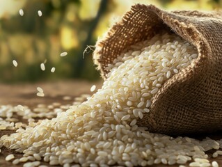 Rice grains pouring from a bag. Featuring white rice grains spilling from a burlap sack. Highlighting abundance and agriculture. Ideal for food and agricultural visuals.
