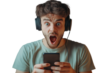 Astonished Man in Headphones: A Reaction Shot, Perfect for Audio, Music, and Surprise Concepts.     