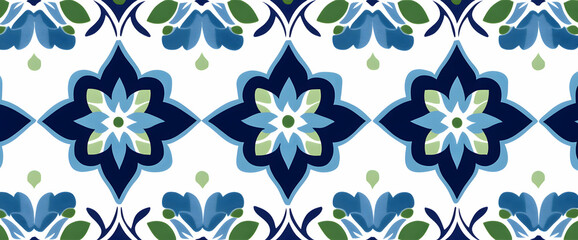Seamless Blue and Green Floral Tile Pattern Design
