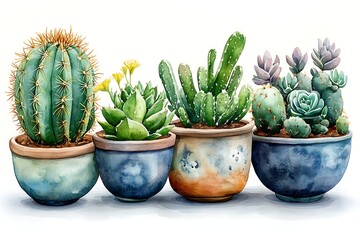 Watercolor Illustration of Succulents and Cacti in Decorative Pots