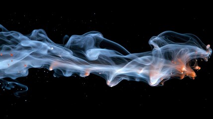 Obraz premium Abstract swirling smoke with orange and blue hues against a black background.