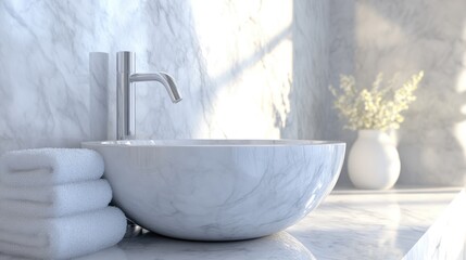 Fototapeta premium Clean white marble bathroom with washbasin, faucet, and towel