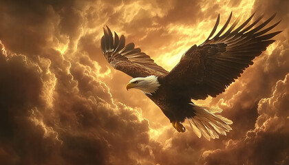 Obraz premium An eagle with extended wings perched on the ground in front of a backdrop of dark and stormy clouds