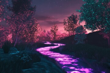 Fototapeta premium Glowing River Winds Through Neon Lit Forest At Night