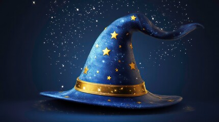 Blue wizard hat with stars and a golden band, symbolizing magic and fantasy themes.
