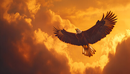 Obraz premium An eagle with extended wings perched on the ground in front of a backdrop of dark and stormy clouds