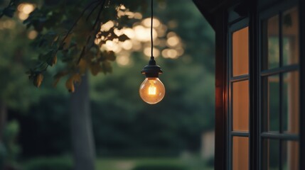 Illuminated bulb hanging outdoors near a window at dusk.