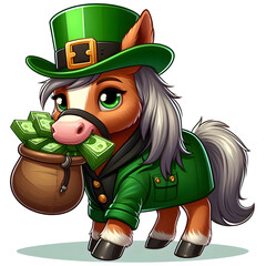 Cartoon-style illustration of a horse dressed as a leprechaun for St. Patrick's Day, wearing a hat and coat, carrying cash in his mouth isolated on transparent background