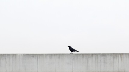 Lone black bird perched on a concrete wall against a stark white sky.