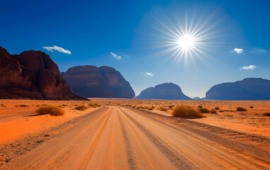 Desert Road Wadi Rum Jordan: Sunlit Path Through Majestic Mountains