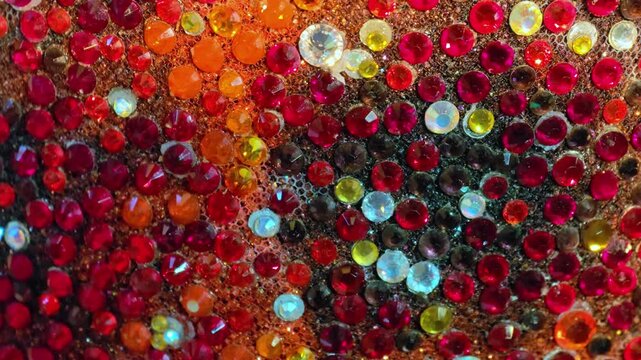 Red rhinestones are illuminated by light. Red rhinestones on the fabric. Holiday abstract background. 