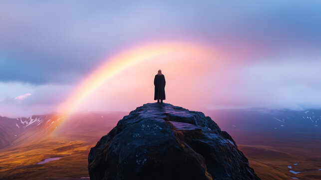 Heimdall standing guard at the bifrost bridge amidst a vibrant sky