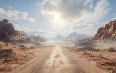 Fototapeta premium Desert Road to the Mountains: A Breathtaking Sunlit Panorama