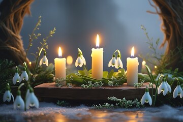 Imbolc-themed celebration with candles, snowdrops, and warm glowing light.