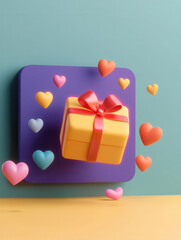 Colorful gift box surrounded by playful hearts and cheerful elements.
