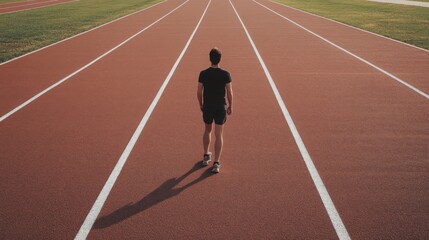 Fototapeta premium Man standing alone on a running track, facing away from the camera.