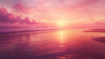 Obraz premium Pink sunset over ocean beach, calm waves, romantic sky. Use travel, vacation, serenity