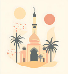 Naklejka premium Serene Mosque in Desert Oasis: A Minimalist Illustration
