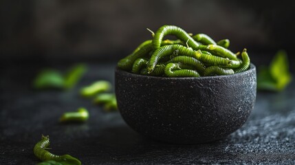 Close-up of a bowl filled with green insect larvae.