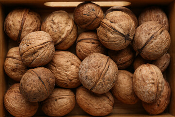 Tasty walnuts in wooden box, closeup