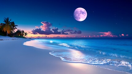 Tranquil Tropical Beach at Night with Full Moon and Starlit Sky