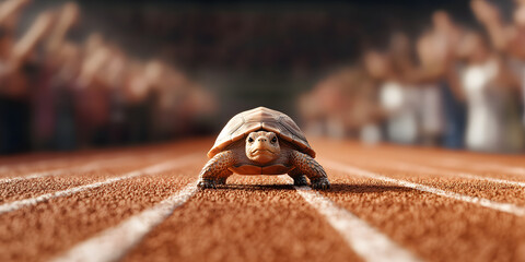 Determined tortoise on a race track, a symbol of perseverance and slow and steady progress.