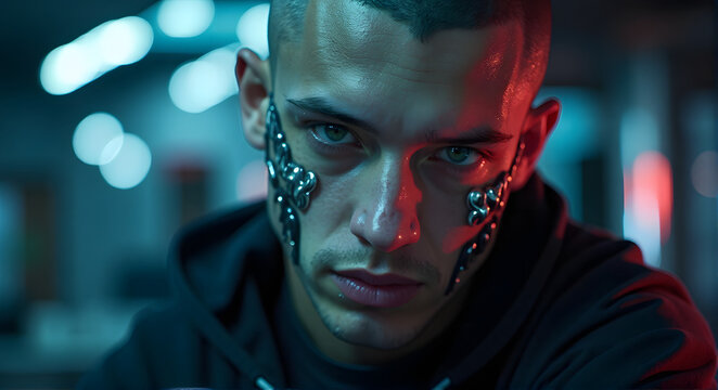 Intense man with robotic facial tattoos, staring with determination in a low-lit futuristic space
