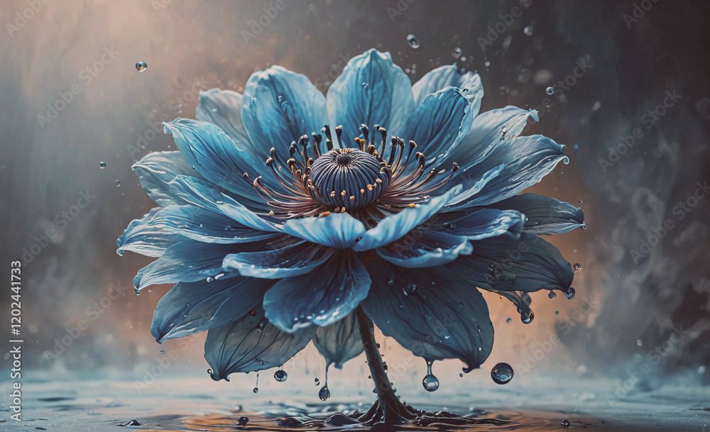 Poster a blue flower with water droplets on it. the image has a calming and serene mood, as the water dropl