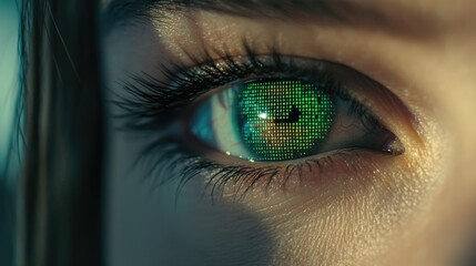 Close up of a woman's eye with digital green matrix coding. Data hacker concept