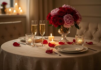 Elegant Valentine's Day dinner setting with champagne and heart-shaped chocolates on a table, soft warm lighting and romantic ambiance.