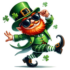 Leprechaun Dance wearing sunglasses, Saint Patrick's Day Clipart, Watercolor isolated on Transparent background
