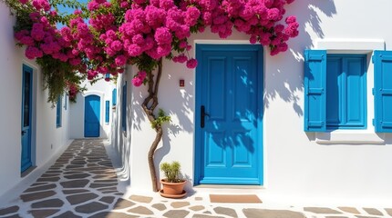 Charming Whitewashed Mediterranean Street With Bougainvillea And Blue Painted Doors
