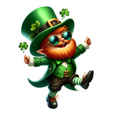 Leprechaun Dance wearing sunglasses, Saint Patrick's Day Clipart, Watercolor isolated on Transparent background