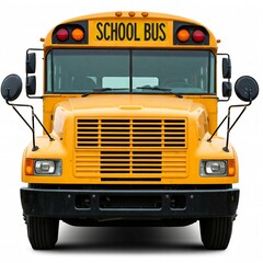 front view of yellow school bus isolated on white background