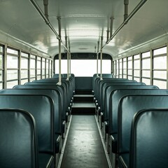 Naklejka premium empty blue seats on a school bus with grey walls and a metal handrail