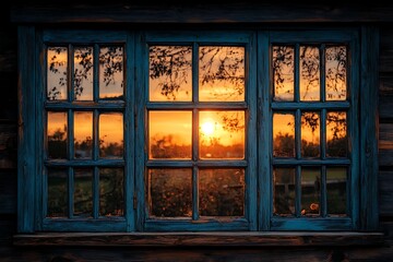 Rustic Window Frame Sunset View Golden Hour