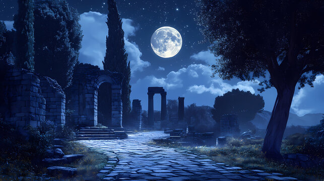 Fantasy scene of a moonlit landscape with ancient stone ruins, trees, and a full moon casting a soft glow on a cobblestone pathway beneath the starry sky. Mystical Moonlit Scene. Illustration