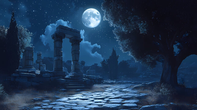 Fantasy scene of a moonlit landscape with ancient stone ruins, trees, and a full moon casting a soft glow on a cobblestone pathway beneath the starry sky. Mystical Moonlit Scene. Illustration