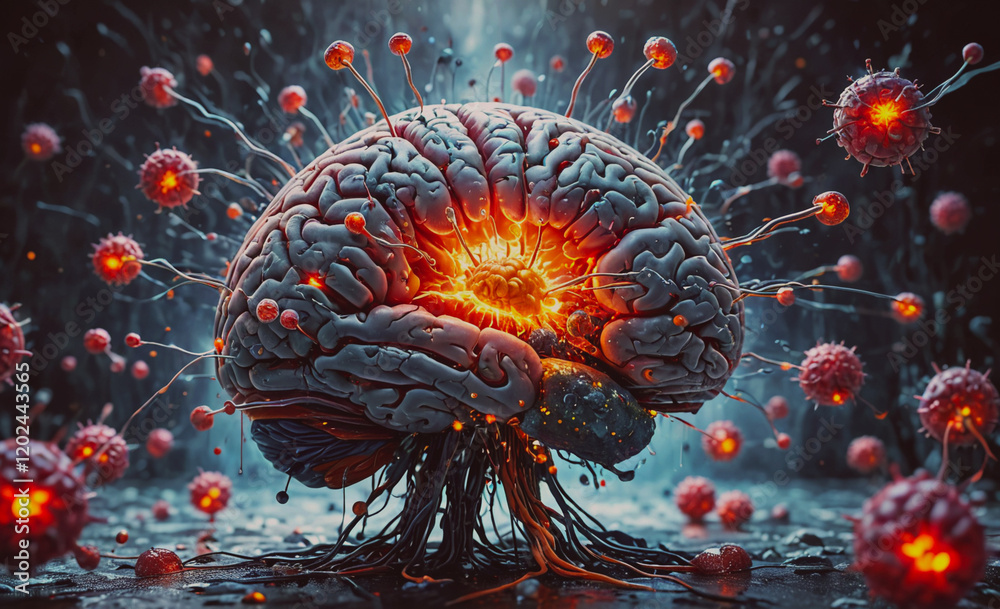 Poster A brain with a red explosion coming out of it. The explosion is surrounded by many small red dots