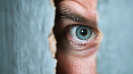 A man's eye is visible through a hole in a wall. The eye is blue and the man's face is angry