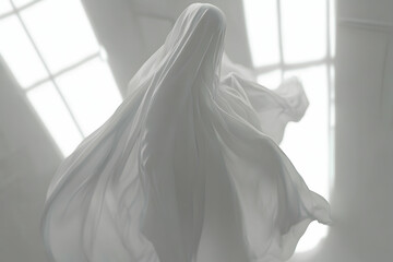 Ghostly Drape: An ethereal dance of white fabric in a minimalist setting.